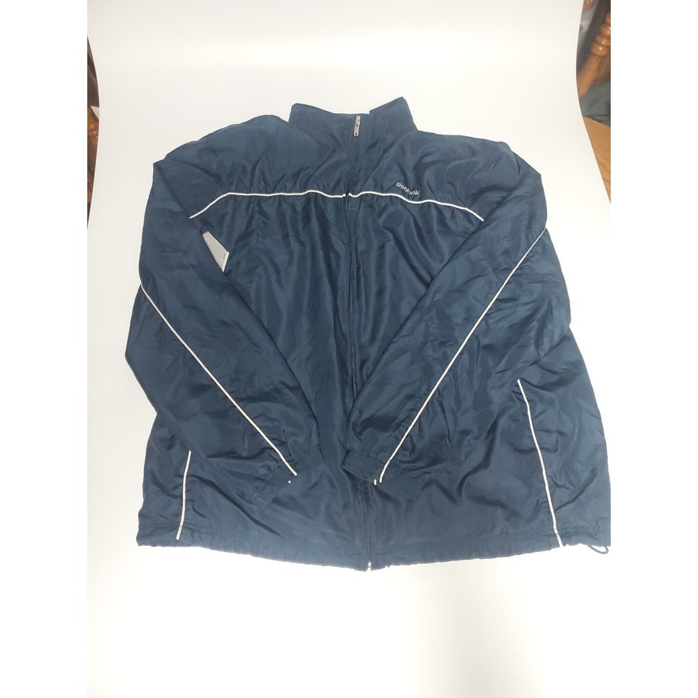 MENS (REEBOK) NAVY BLUE & PALE GRAY WINDBREAKER/HAS HIDDEN HOOD/SIZE‎ LARGE